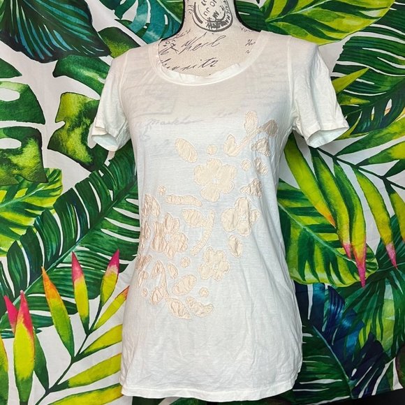 GUC Ann Taylor LOFT SP Petite Cream Floral Embroidered Casual Cotton Tee Shirt - Picture 1 of 7